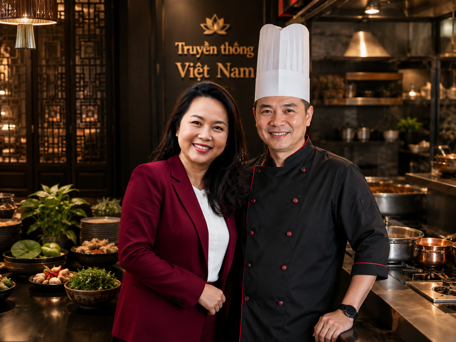 FranchiseFuel consultants with a restaurant owner in a traditional Vietnamese kitchen